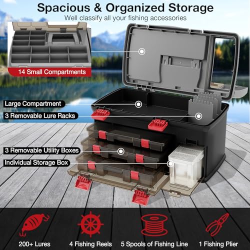 Goplus Large Tackle Box, Portable Fishing Storage w/ 3 Customizable Boxes & Side Storage, Double-layer Top Compartment, Premium Box for Tackle & Tool Organization