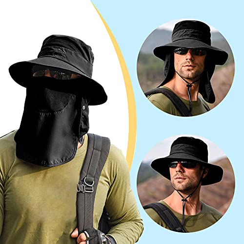 Fishing Hat for Men & Women, Outdoor UV Sun Protection Wide Brim Hat with Face Cover & Neck Flap - color: Black