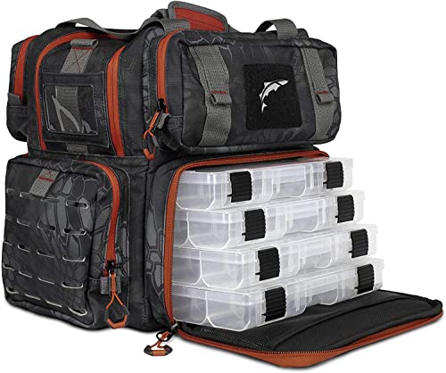 EGO Kryptek Tactical Tackle Box Backpack, Durable Fishing Tool Bag, 1000D Nylon Fabric with PVC Back, Water-Resistant, Multiple Storage Pockets, Laser-Cut Molle Loops, Includes 4 Tackle Trays - color: Typhon, size: Shoulderbag - Regular