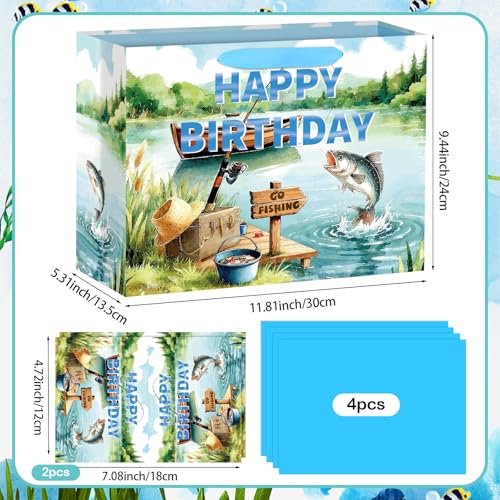 Hooqict Large Fishing Birthday Gift Bag Go Fishing Gift Wrap Bag with Handles, Tissue Paper, Greeting Cards for Boys Men Fisherman Fish Retirement Birthday Party Decorations Fathers Day Bags - color: Fishing