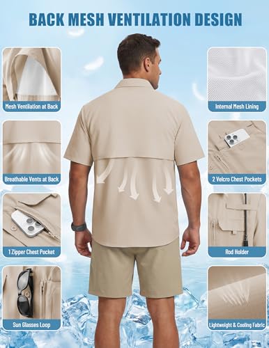 WULFUL Men's Sun Protection Fishing Shirts UPF 50+ Lightweight Quick Dry Cooling Short Sleeve Shirts for Work Hiking Safari - color: Khaki, size: Large