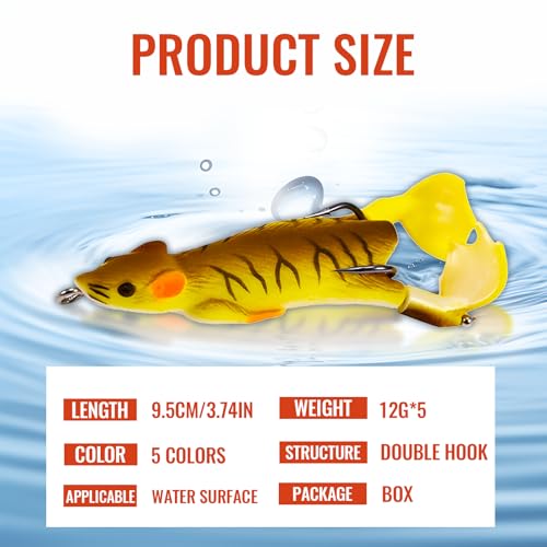 Mouse Rat Dunk Topwater Fishing Lures for bass Durable Lifelike Silicone Artificial Soft Bait, Trout Fishing Lures, Realistic Prop Swimbait Floating Bait with Weedless Hooks for Freshwater Saltwater