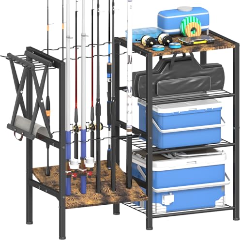 Fishing Rod Holders for Garage, Fishing Pole Holder Stand with Multifunctional Hook, 4 Tier Fishing Gear Equipment Organizers Rack, Fits Most Rods of 1.58" for Home Entryway Corner - color: Black