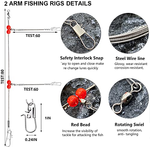 YOTO Fishing Leaders,Stainless Steel Tackle Rig with Tackle Lure Swivels Snaps, Saltwater rig Wire Leader Fishing Leader Wire Bottom rigs for Saltwater - color: White Fishing Leaders, style: 2arm-12pcs