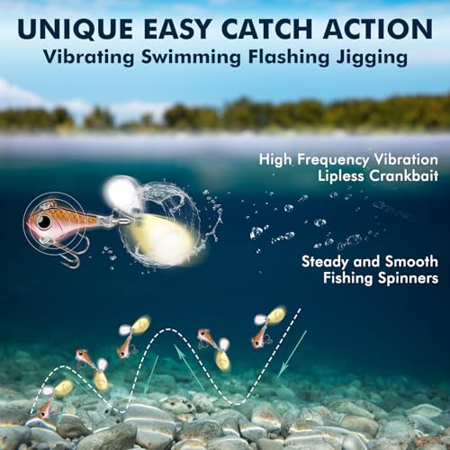 TRUSCEND Vibespinner Easy Catch Fishing Lures with BKK Hooks, Tail Spinner Baits with 4 Actions, Vibrating Swimming Flashing & Jigging for More Bites, Spoon Lures for Bass Trout Crappie Walleye Pike - color: A2-3/8oz-10.5g