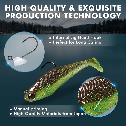 Pre-Rigged Soft Fishing Lures with Weedless Hook, Lifelike Paddle Tail Swimbaits for Bass Fishing, Freshwater & Saltwater Curly Type Tail Soft Plastic Baits for Bass, Pike, Trout, and Walleye. - color: A1-2.75"-0.4oz