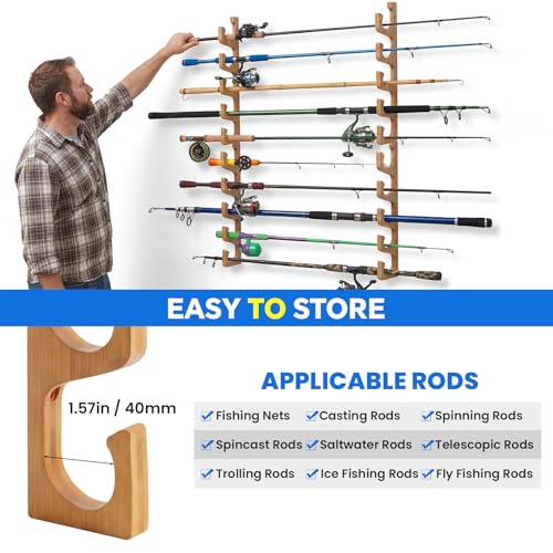 SMMYMGF Wall Mount Fishing Rod Holder,Garage Ceiling Storage Racks | Space-saving garage organization,Scratch-free rod protection,Fast & easy installation,Durable solid wood, Perfect gifts - color: store 10 fishing rods or combos