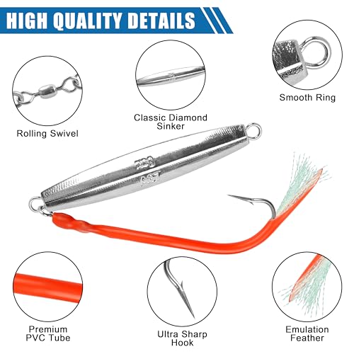 Diamond Jig Saltwater Fishing Lures Casting Jigging Spoon with Tube Tail Stainless Steel Hooks Trolling Lures Striped Bass Metal Jig for Deep Sea Surf Fishing Bottom Dragging Sinking - color: Red, size: 10 oz