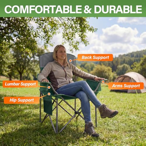 Oversized Camping Chairs 2 Pack - Heavy Duty 400LBS Padded Lawn Chair with Cooler Bag,Cup Holder,Side Pocket,Collapsible for Outdoor,Camp,Fishing & Garden,Dark Green - color: Dark Green