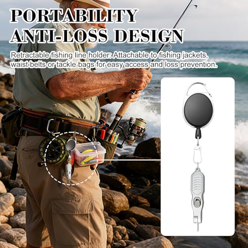 Portable 3-in-1 Fishing Line Cutter, Hook Eye Cleaner & Knot Tying Tool, Stainless Steel Braided Line Scissors for Monofilament & Fluorocarbon Lines with Retractable Zinger