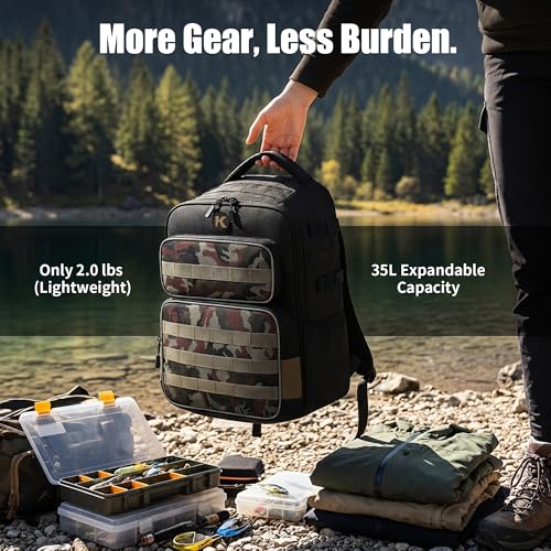 35L Tactical Fishing Backpack, Waterproof Tackle Backpack with 2 Rod Holders and 50+UV Protection Arm Sleeves,2LB Lightweight Fishing Bag, Daypack for Hiking, Hunting, Camping - color: Black Camouflage, style: With Arm Sleeves
