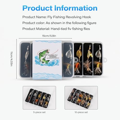 Trout Spinner Lures with Stimulator/Humpy Dry Fly Tail, Brass Hard Metal Hand-Tied Rooster Bait Tail Fishing Spinnerbaits for Bass Pike Salmon Saltwater Freshwater Lake River - color: 5PCS