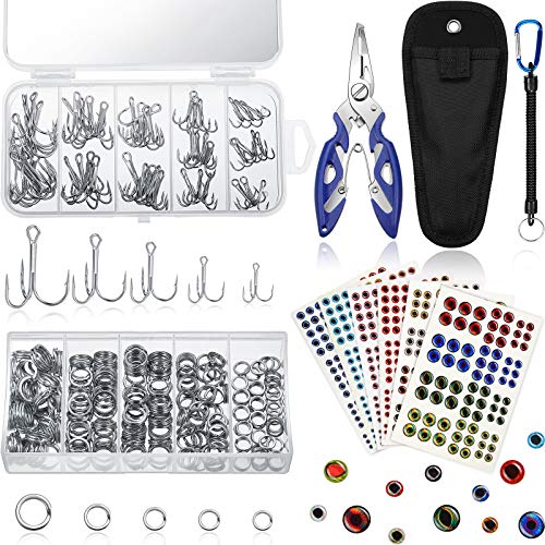 Skylety 200 Pcs Fishing Stainless Steel Split Rings, 50 Treble Hooks, Lure Tackle Connector Fishing Pliers, Fish Lanyard and 876 Lure Eyes for Tackle Fish - color: Blue