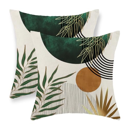 Boho Pillow Covers 18x18 Set of 2 Gold Green Throw Pillows Modern Mid Century Pillowcase Tropical Leaves Orange Sun Decorative Pillows Outdoor Decorations Bohemian Cushion Case for Sofa Home - color: Green-mid Century 1, size: 18" x 18" (Pack of 2)