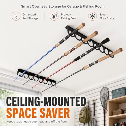 Ahomiwow Ceiling Fishing Rod Holder Pole Vertically Horizontally Rack Overhead Storage Hooks Hanger Keeper Metal Organizer Display Wall Mounted Stores Holds up to 16 Rods Racks for Garage Basement