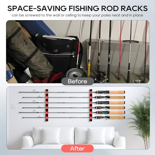 Axlksia Fishing Rod Holder Wall Mount, 1 Pair Fishing Pole Holders for Garage, Boats, 6 Fishing Rod Storage Racks - color: Horizontal Red
