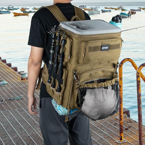 Goture Fishing Backpack with Cooler, 66L 600D Tackle Backpack with 3 Rod Holders, EVA Cover, Helmet Holder, Rain Cover, Saltwater Large Fishing Bag for Camping Hiking, Gear Storage Bag, Gifts for Men - color: A1:khaki(without Tackle Box)