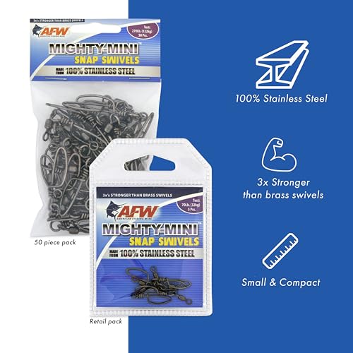 American Fishing Wire Fishing Swivels - Mighty Mini 100% Stainless Steel Snap Crane Swivels, 3X Stronger Than Brass, For Terminal Tackle Box, Up to 600lb Test - Fishing Gear for Fishing Line Leaders - style: #3, 170 Lb, 50 Pc