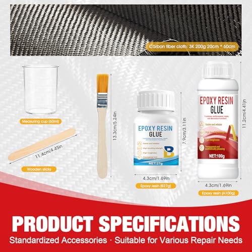 Carbon Fiber Bike Repair Kit, Carbon Fiber Epoxy Repair Kit | 100g Carbon Fiber Resin 27g Hardener, 3K 200g 8"*23.6" Twill Carbon Fiber Cloth, Complete Accessory Kit, for Cars Bicycles