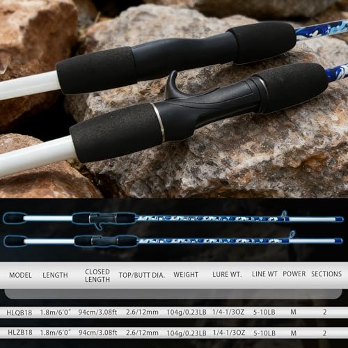 6'6" Fiberglass Casting Rod, 2-Piece Skull Design, Durable & Sensitive with Split-Grip Handle, Perfect for Bass, Pike, Catfish Fishing in Freshwater & Saltwater - color: HLQB-6'0", size: 6'0"