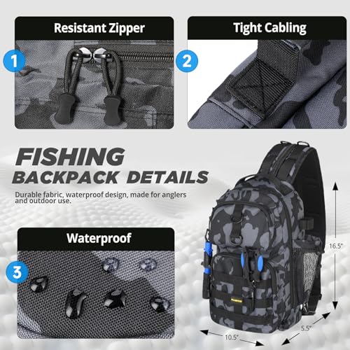 PLUSINNO Fishing Backpack with Fishing Rod and Reel Combos Tackle Boxes, Waterproof Tackle Backpack for Fishg Gear with Rod Holder, Fish Gifts for Men with Tool Kit - color: Black Camo Backpack With Rod and Reel Combo