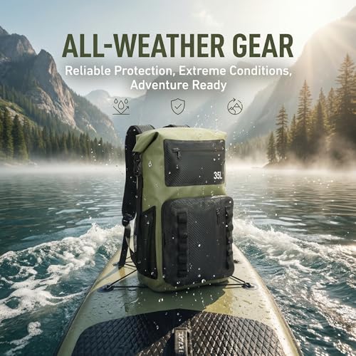 100% Waterproof Roll-Top Dry Bag Backpack with Front Splash-Proof Pocket, Lightweight Floating Pack for Kayaking, Hiking & Travel,35L (Green-black) - color: Green-black