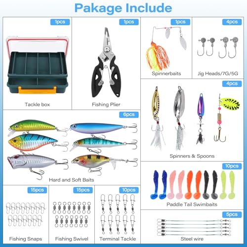 Fishing Tackle Box with Fishing Lures,72Pcs Fishing Lures Kit-Pliers,Topwater Lures,Hooks,Spinnerbaits,Saltwater & Freshwater Fishing Gear and Equipment,Fishing Gifts for Men