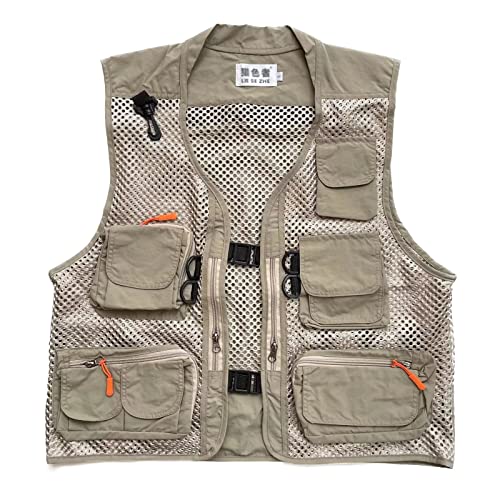 Men Mesh Breathable Multi-Pocket Vest Outdoor Travelers Fly Fishing Photography - color: Khaki, size: Small