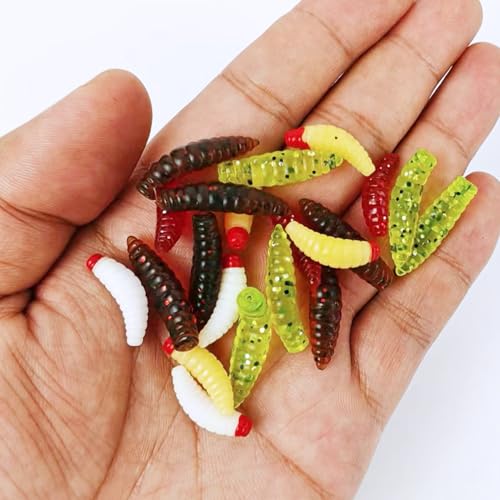 120Pcs Fake Maggots Bass Fishing Worms Lures Soft Plastic Fake Worms Ice Lure Fishing Baits for Bluegill Crappie Walleye Perch