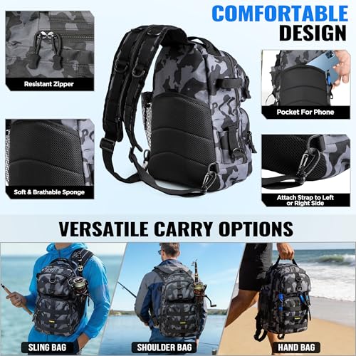 PLUSINNO Fishing Gear,Fsihing Backpack with Floating Fish Net,Tackle Boxes,Waterproof Fishing Tackle Bag,Fish Gifts for Men - color: Black Camo Backpack With Fishing Net