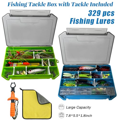 329PCS Fishing Lures Kit Bass Fishing Tackle Box with Tackle Included Fishing Gear Accessories Set with Soft Lure, Pliers, Hooks, Spoons, Jigs, Swivels, Frog, Weights Freshwater&Saltwater Gift Choice