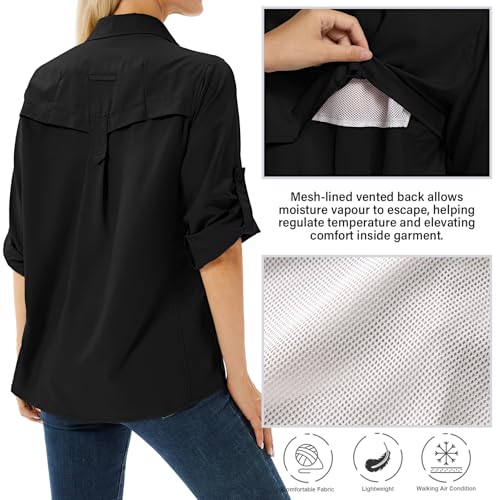 Women's UPF 50 Long Sleeve Sun Protection Shirts Safari Fishing Hiking - color: Black, size: Small