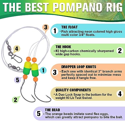 Pompano-Rigs-for-Surf-Fishing-Saltwater-Gear with Double Circle & Wide Gap Hook-6-Pack Surf Fishing Tackle - color: Green and Chartreuse 6-Pack, size: #2 Wide Gap Hook