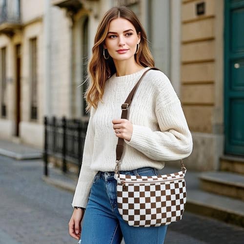KALIDI Checkered Crossbody Bags for Women Travel Flat Fanny Packs for Woman Men Nylon Cross Body Purse Fashion Belt Bum Bag - color: Brown Checkered