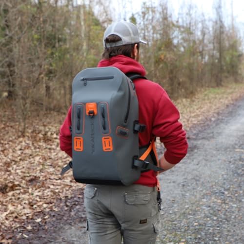 YakAttack 28L DryPak Waterproof Backpack - Grey/Orange | Floating Marine Dry Bag Pack with Padded Straps for Kayaking, Fishing & Hiking | 10" x 22" x 12" | Lightweight Outdoor Gear & Storage Drybag - color: Grey/Orange, style: Drypak