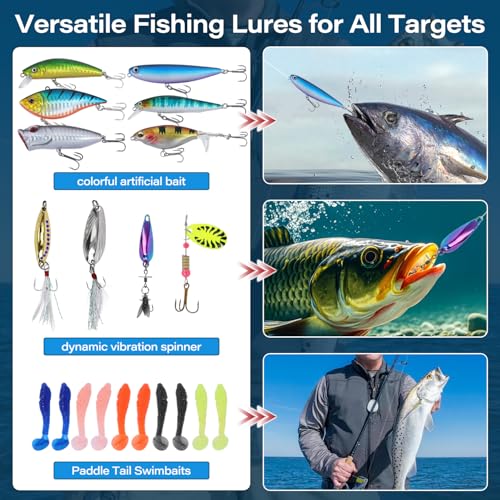Fishing Tackle Box with Fishing Lures,72Pcs Fishing Lures Kit-Pliers,Topwater Lures,Hooks,Spinnerbaits,Saltwater & Freshwater Fishing Gear and Equipment,Fishing Gifts for Men