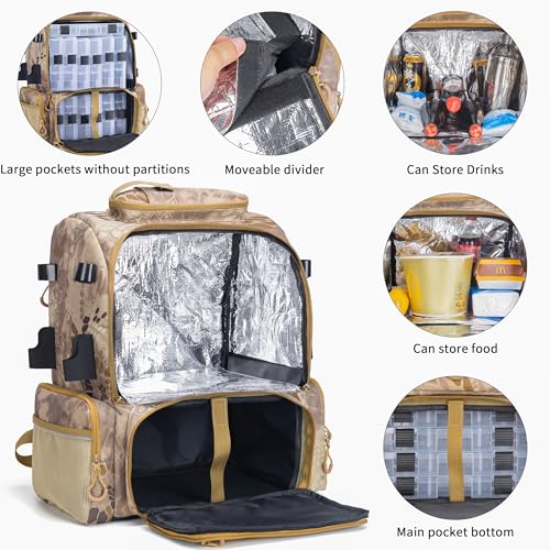 Rabjen Fishing Tackle Backpack, 45L Storage Waterproof Travel Bag Store Fishing Gear with Insulated Top Pocket - color: Camouflage Khaki, style: Standard Size 4 Tackle Boxes Included 900d Nylon