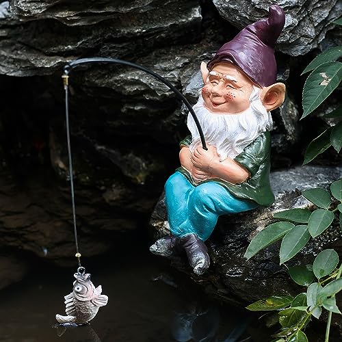 Garden Gnome Fishing Statue, 9.7" Koi Pond Decor with Glow in Dark Pebbles, Great Gift for Mom - color: Gnome Fishing With Luminous Stone