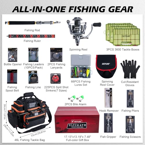 Goture Fishing Rod and Reel Combos,1.8M-2.7M Telescopic Fishing Pole Spinning Reel Line Lures Set with Carrier Bag,Telescopic Rod Kit for Starter Travel Saltwater Freshwater Gear Gift - color: E1:Fishing Full Kit with Tackle Bag, size: 8 ft/2.4 m