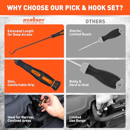 HORUSDY 8-Piece Professional Hook and Pick Set for Automotive Precision Work, Oil Seal Puller, O-Ring & Gasket Removal Tools with Ergonomic Handles for Mechanics, DIY Car Repair - size: 8-Piece