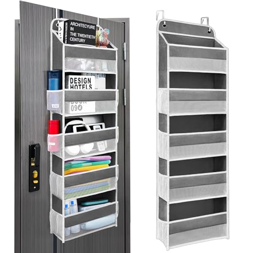 Easy Assembly Over The Door Organizer, 5 Shelves& 8 Side Pockets, Heavy-Duty Reinforced Mesh Rack Holds 44lb, Hanging Behind Door Storage for Bathroom Pantry, Nursery, Closet, Shoes, Towels- Dark Grey - color: Dark Grey, size: 5 shelf