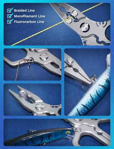 HOOK-EZE Titanium Fishing Pliers, 4.1" Saltwater Resistant Fishing Scissors,Tungsten Cutters, Knot Tying Tool with Lanyard, Split Ring Hook Remover, Gifts for Men