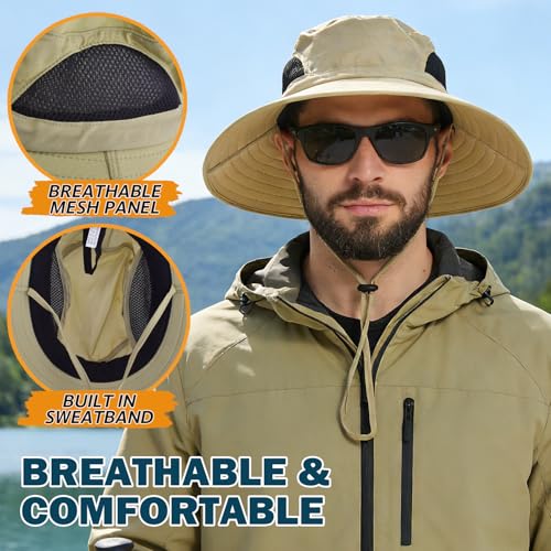 Wide Brim Sun Bucket Hat, Waterproof Boonie Hat for Men & Women | UPF 50+ UV Protection, Adjustable Fit, Chin Strap & Sweatband, Foldable Durable for Fishing Hiking Garden Beach - color: 01 Khaki