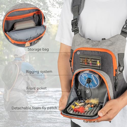 QulayQualy Fly Fishing Pack - Chest Pack with Work Station Lightweight Tackle Fishing Bag with Quick-Release - color: Orange & Grey, size: M-11''
