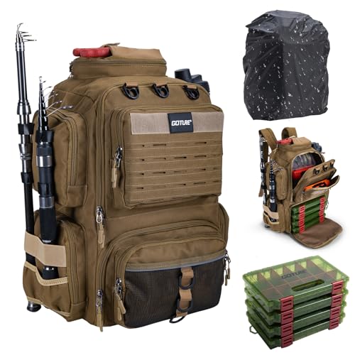Goture Fishing Backpack with 4 Tackle Boxes,900D Water-Resistant Tackle Backpack with Rod Holders,45L Large Fishing Bag Storage Gear Tackle Bag with Rain Cover,Bottle Holder for Travel Camping Hiking - color: A1:khaki With 4 Tackle Boxes