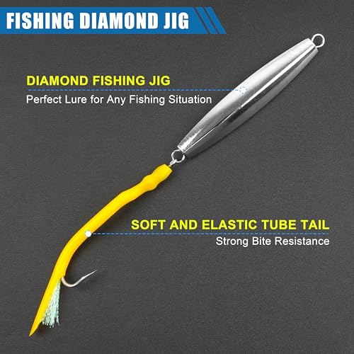 Diamond Jigs Saltwater Fishing Lures,Casting Jigging Spoon with Split Tube Tail Stainless Steel Hook Metal Jig Spoon Baits for Deep Sea Offshore Surf Fishing Bottom Sinking - color: Yellow-1pc, size: 1oz