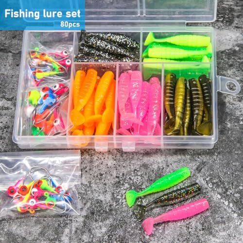 65Pcs Crappie Jigs Lure kit, 2 inch Crappie Bait with Fishing Jig Heads Hooks for Saltwater Freshwater Bass Trout - color: E: 30pcs jig hooks and 50pcs lures