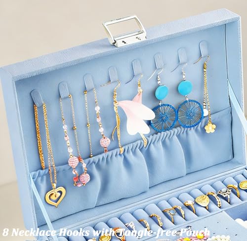 QBestry 3-Layer Jewelry Box for Girls & Teens with Lock and Key, Large Jewelry Organizer with 8 Necklace Hooks & 56 Earring Holes, Blue Velvet Jewelry Storage Box for Necklaces Earrings Rings Bracelet - color: Light Blue
