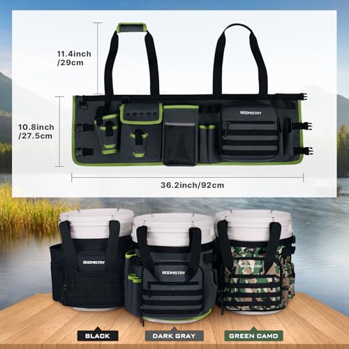 Boomistry Fishing Bucket Organizer for 5 Gallon Bucket, Dark Gray | 15 Multi-Pockets, 4 Built-in Rod Holder Storage, 3 Adjustable Buckles, for All Fishing Gear & Tackle Accessories - color: Dark Gray