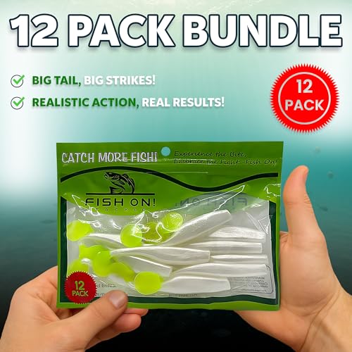 Soft Plastic Paddle Tail Swimbaits – 3 1/4", 4" & 5" Soft Plastic Fishing Lures with Extra-Large Tail for Lifelike Swimming Action – Freshwater & Saltwater - color: Pearl White with Electric Green Tail, size: 3 1/4 Inch - 12 Pack